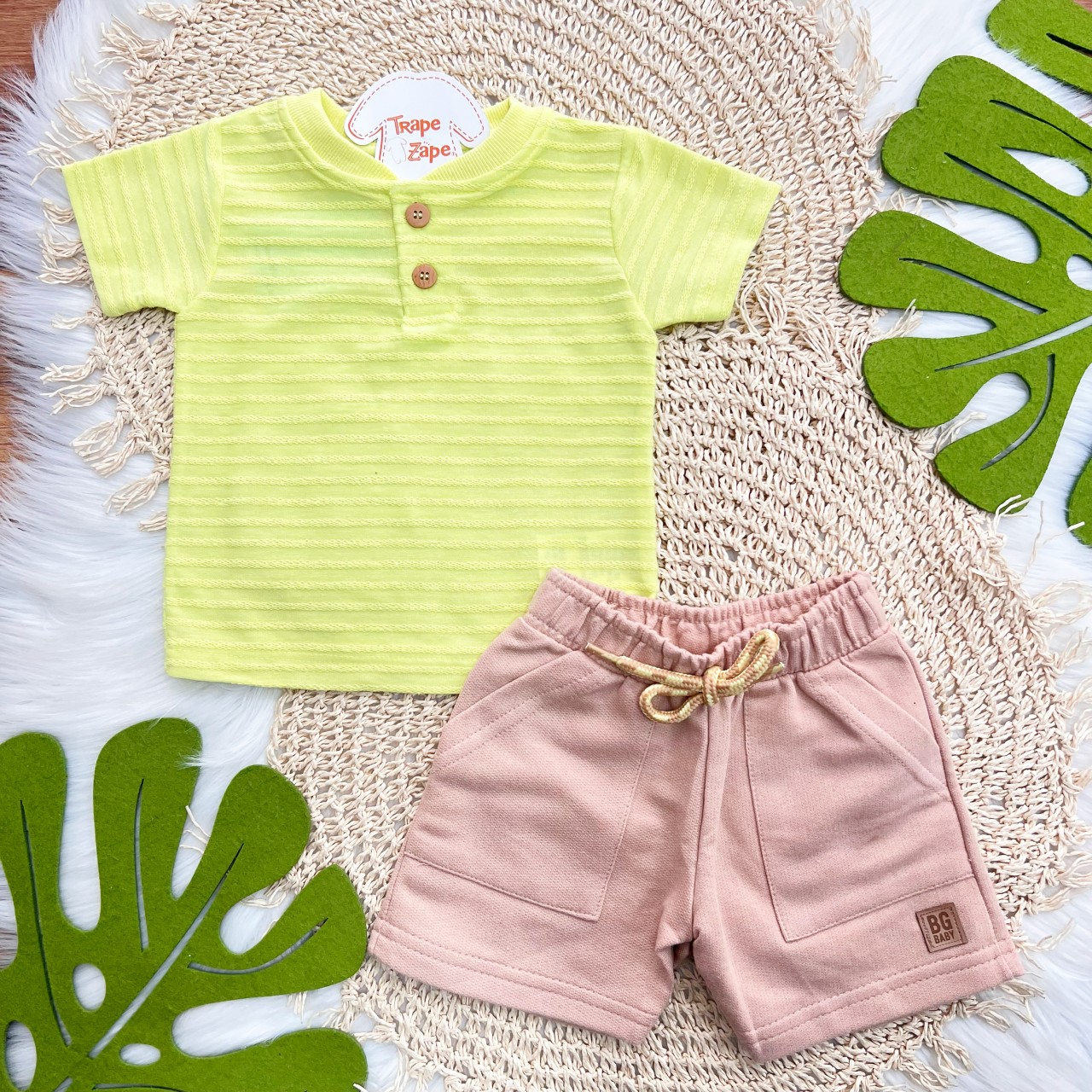 Conj. Camiseta com Listras e Bermuda - Verde Neon e Areia